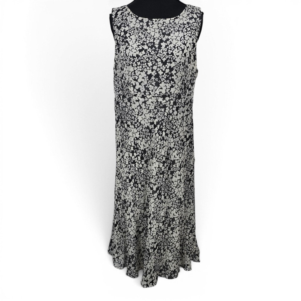 Talbots Petites Womens 12P Black White Floral 100% Silk Sleeveless Midi Dress